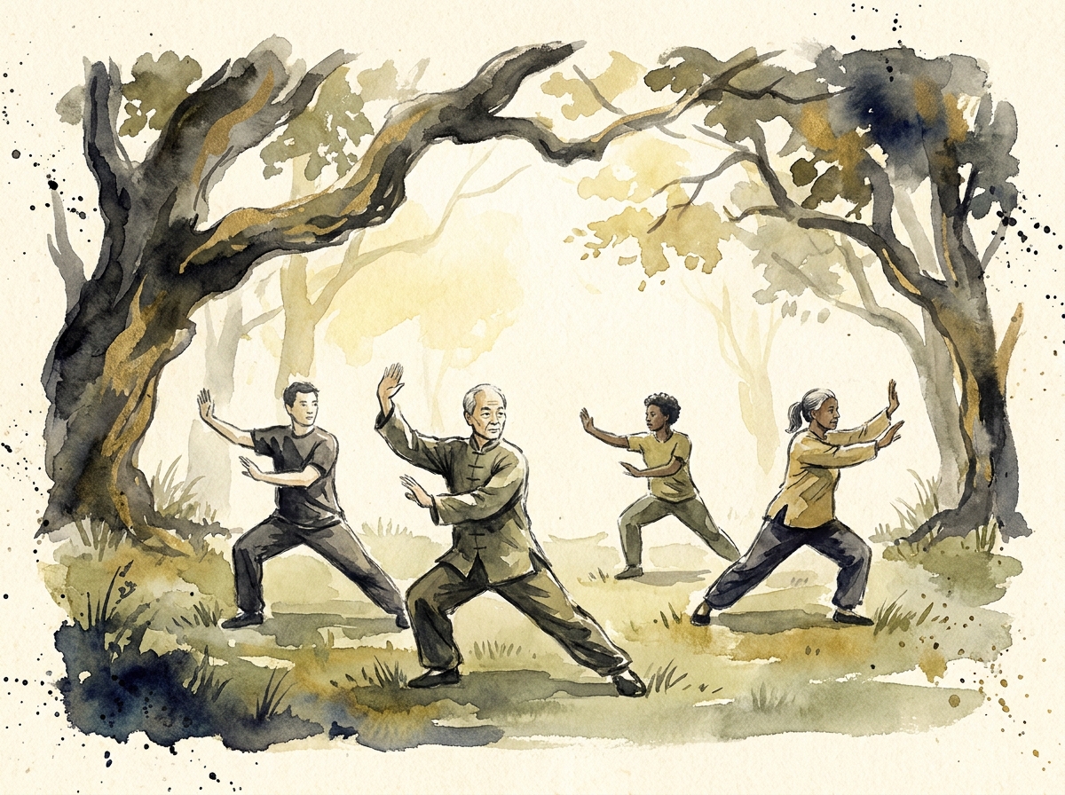 Ink-wash painting of a small group practicing tai chi together under park trees in morning light