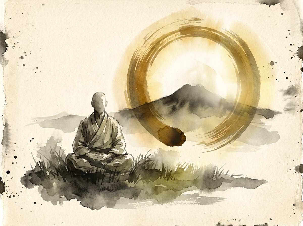 Ink-wash painting of a person sitting in meditation facing a distant mountain, an ochre brush-stroke sun rising behind it